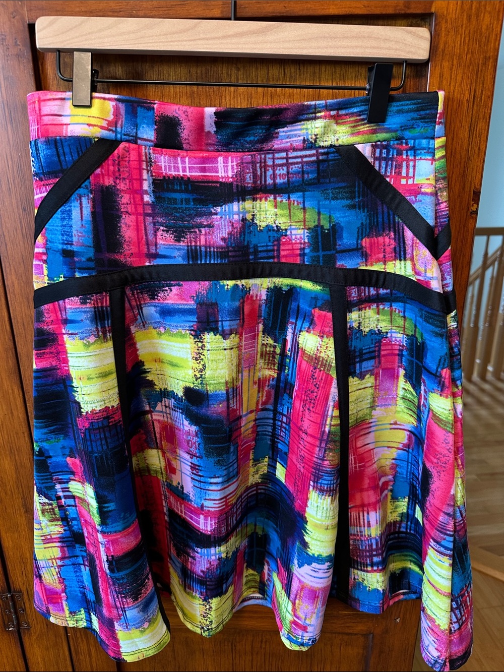NY COLLECTION. A-line skirt size M multi color w/black trim Summer skirt